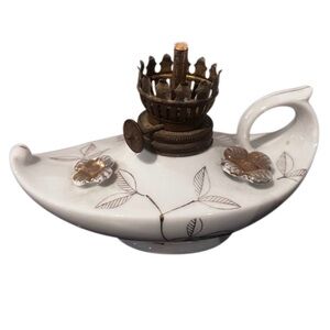 Vintage Ceramic Oil Lamps Set Mid Century Atomic Floral Brass Burners Pair